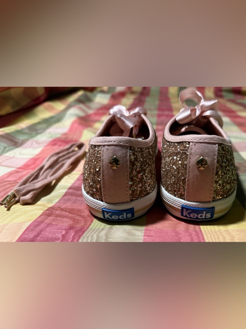 kate spade Gold Glitter Sneakers with Pink Satin Ribbon Laces - Picture 3 of 10